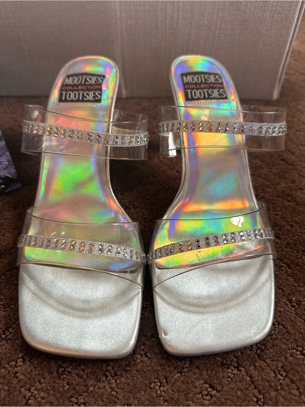 Mootsies Tootsies Gilette Sz 7.5 Clear Strap Silver Holographic Block Heels Y2k - Picture 2 of 8